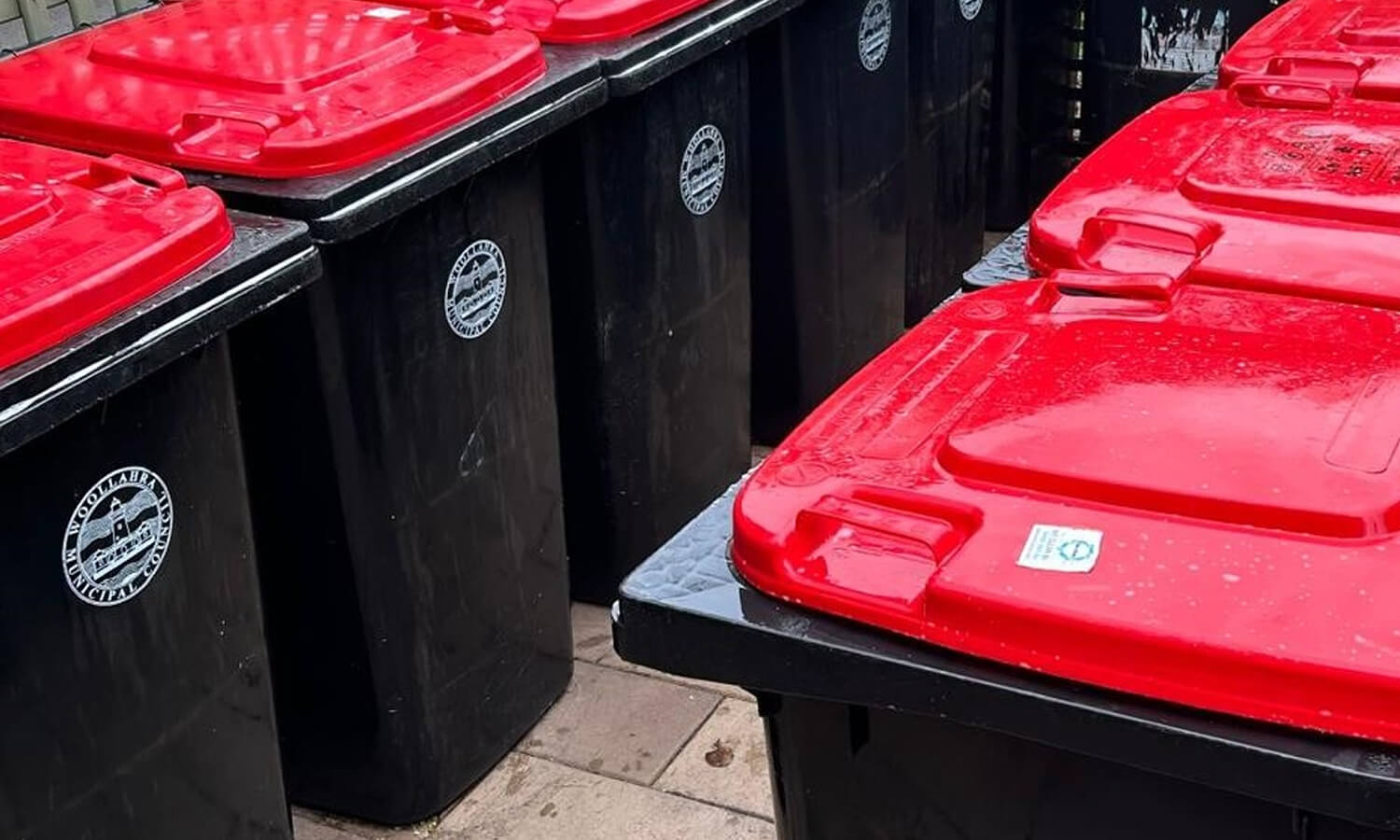 Row of household wheelie bins with red lids